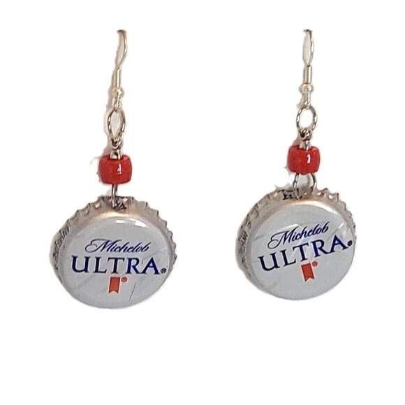 Silver Tone Michelob Ultra Silver Bottle Top Boho Drop Dangle Hook Earrings - Picture 5 of 5